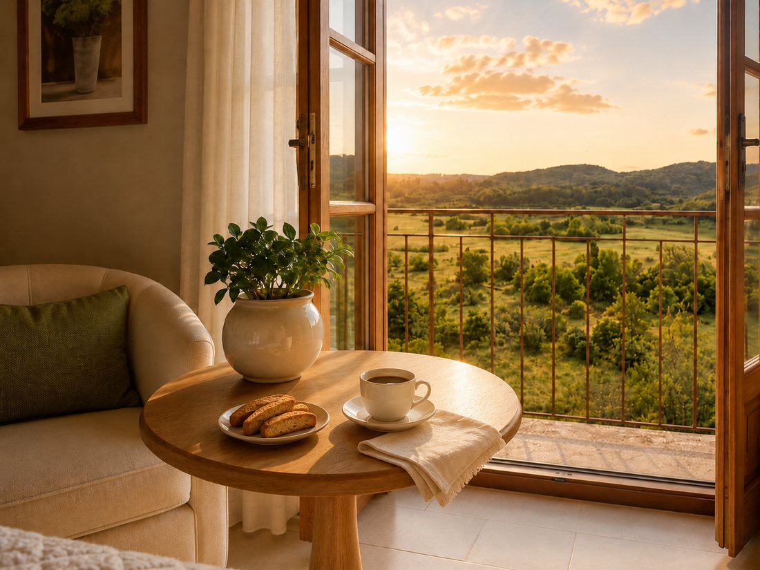 Morning coffee overlooking the meadow at The Olive Tree House